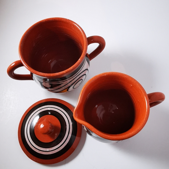 Vintage Red Clay Pottery Cream and Sugar Abstract Brown White Mustard Colour - Picture 15 of 16